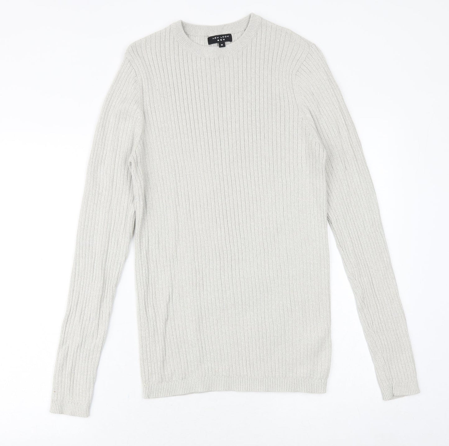 New Look Mens Grey Round Neck Cotton Pullover Jumper Size M Long Sleeve