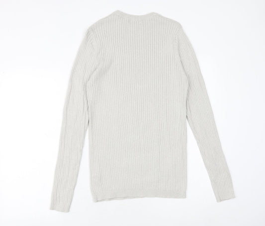 New Look Mens Grey Round Neck Cotton Pullover Jumper Size M Long Sleeve