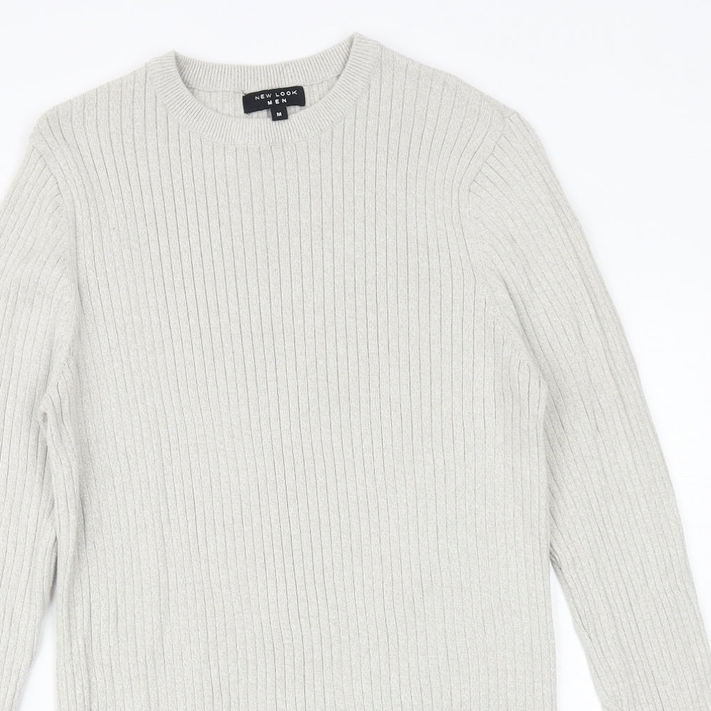 New Look Mens Grey Round Neck Cotton Pullover Jumper Size M Long Sleeve