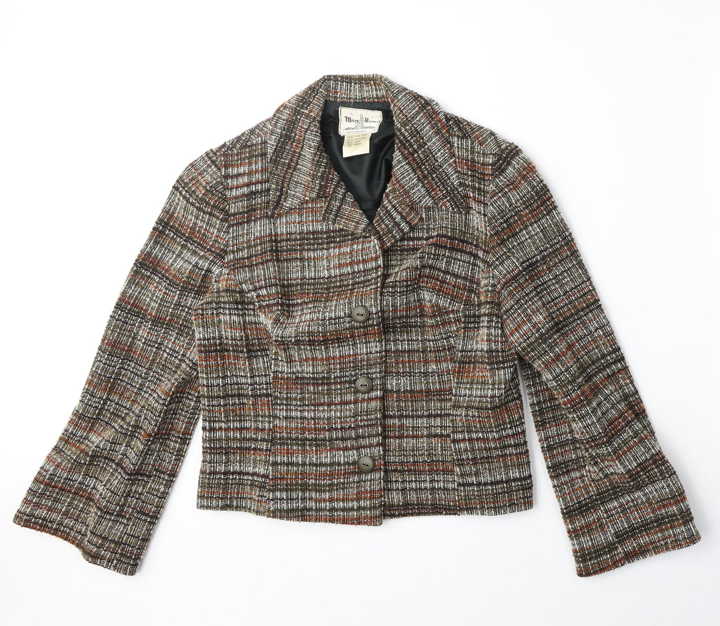 Mary Harnes Womens Brown Plaid Polyester Jacket Blazer Size 14