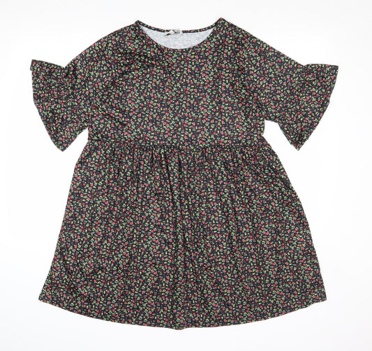 In the Style Womens Black Floral Polyester A-Line Size 8 Round Neck Pullover