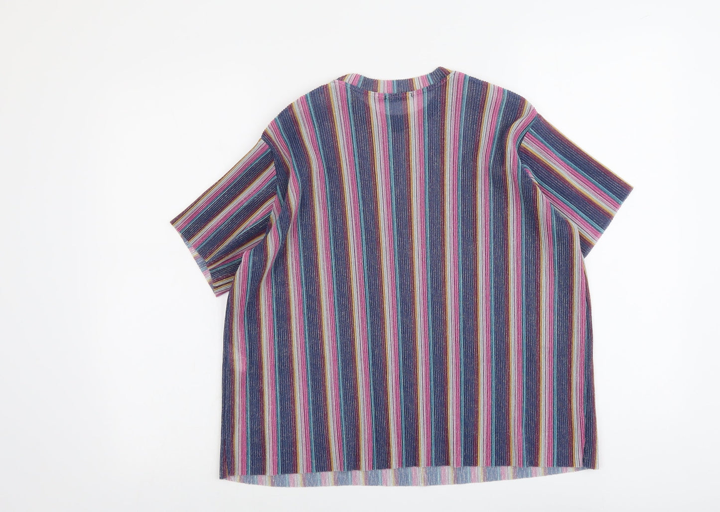 Bershka Womens Multicoloured Striped Polyester Basic T-Shirt Size S Round Neck