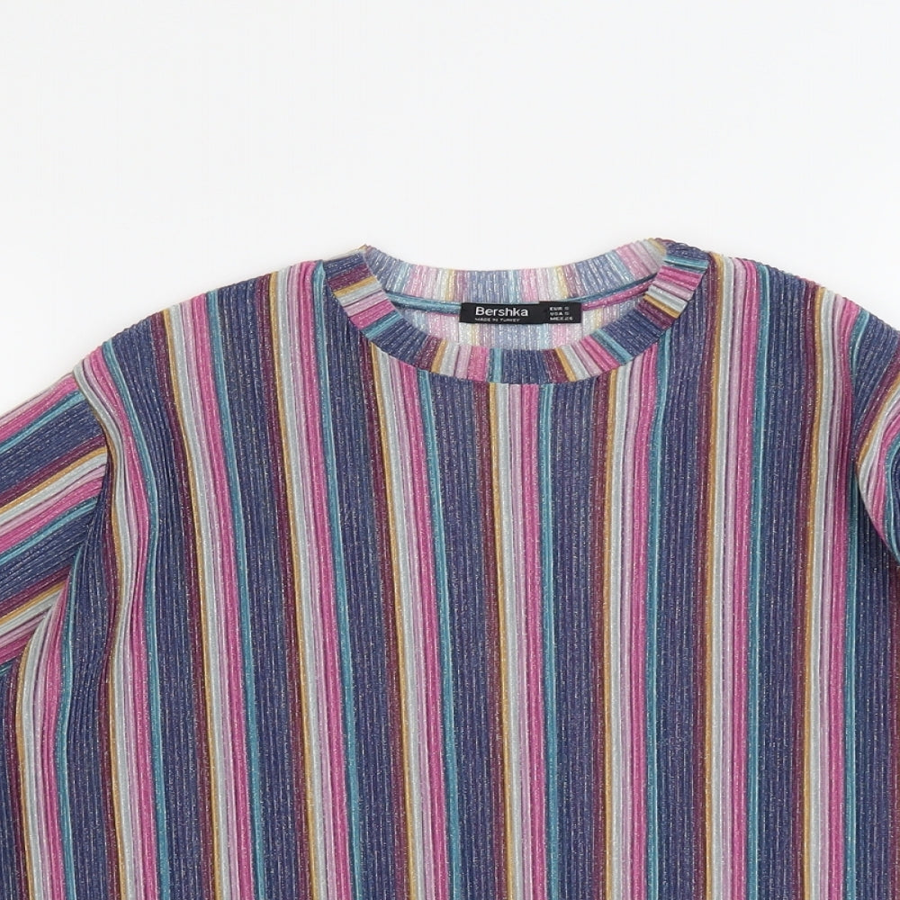 Bershka Womens Multicoloured Striped Polyester Basic T-Shirt Size S Round Neck