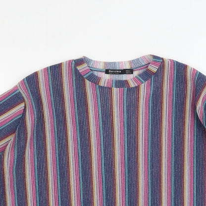 Bershka Womens Multicoloured Striped Polyester Basic T-Shirt Size S Round Neck