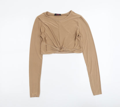 Edge Womens Beige Polyester Cropped Blouse Size 6 Round Neck - Twist Detail