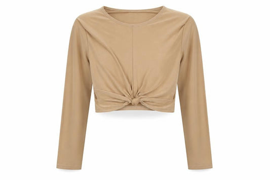 Edge Womens Beige Polyester Cropped Blouse Size 6 Round Neck - Twist Detail
