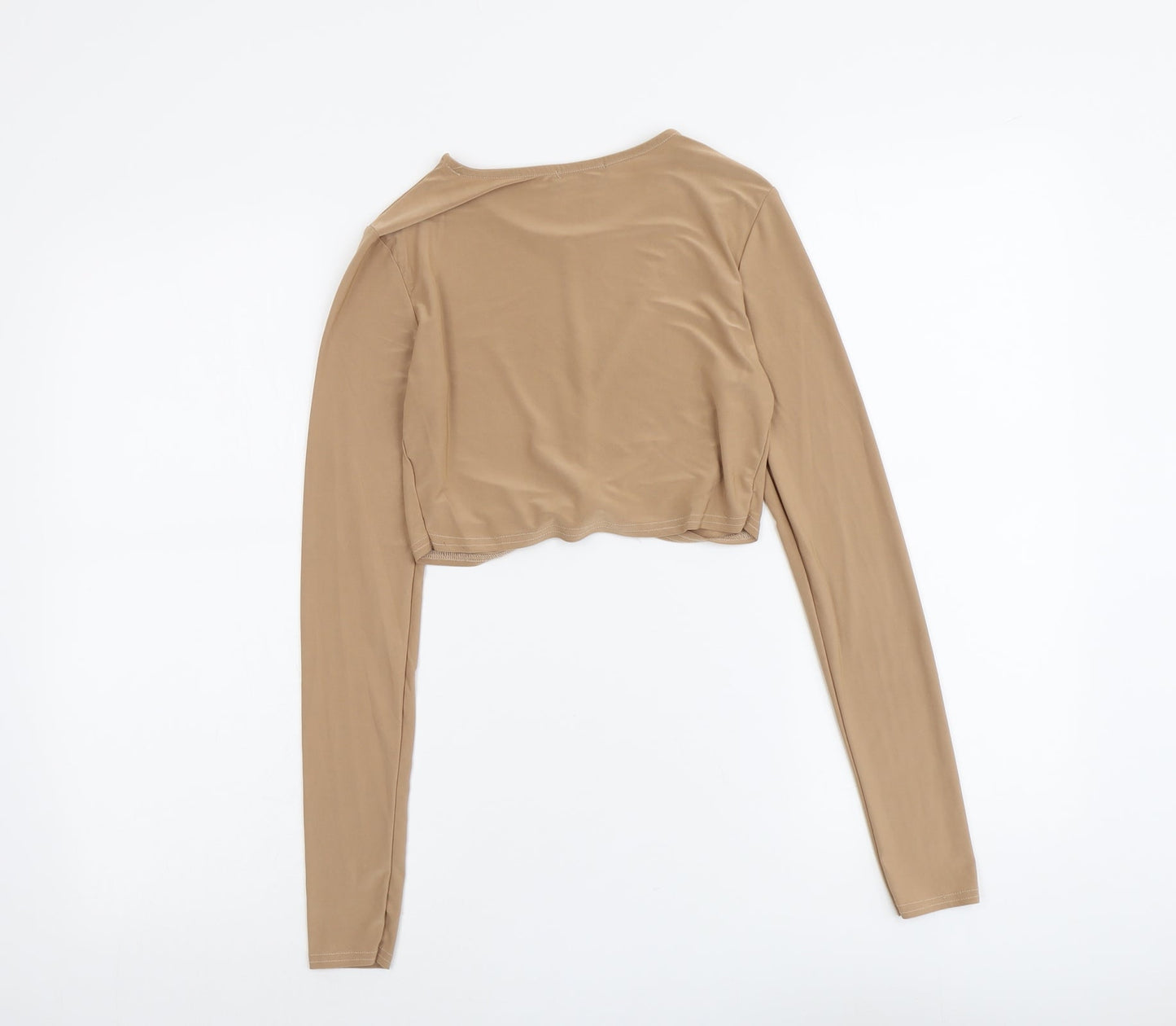Edge Womens Beige Polyester Cropped Blouse Size 6 Round Neck - Twist Detail