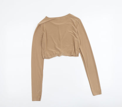 Edge Womens Beige Polyester Cropped Blouse Size 6 Round Neck - Twist Detail