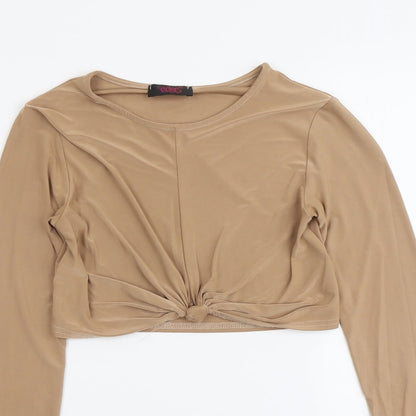 Edge Womens Beige Polyester Cropped Blouse Size 6 Round Neck - Twist Detail
