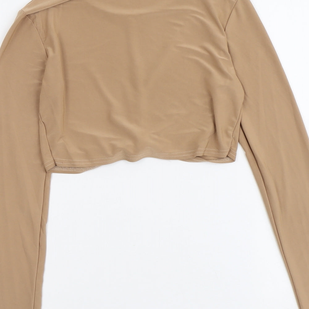 Edge Womens Beige Polyester Cropped Blouse Size 6 Round Neck - Twist Detail