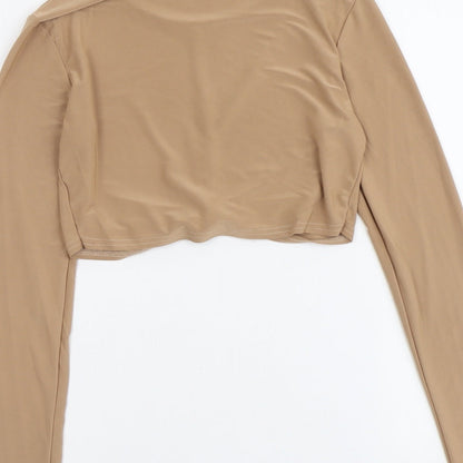 Edge Womens Beige Polyester Cropped Blouse Size 6 Round Neck - Twist Detail