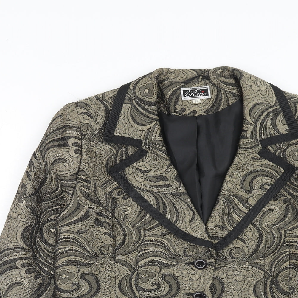 Perrie Womens Gold Polyester Jacket Blazer Size 12 - Baroque Pattern