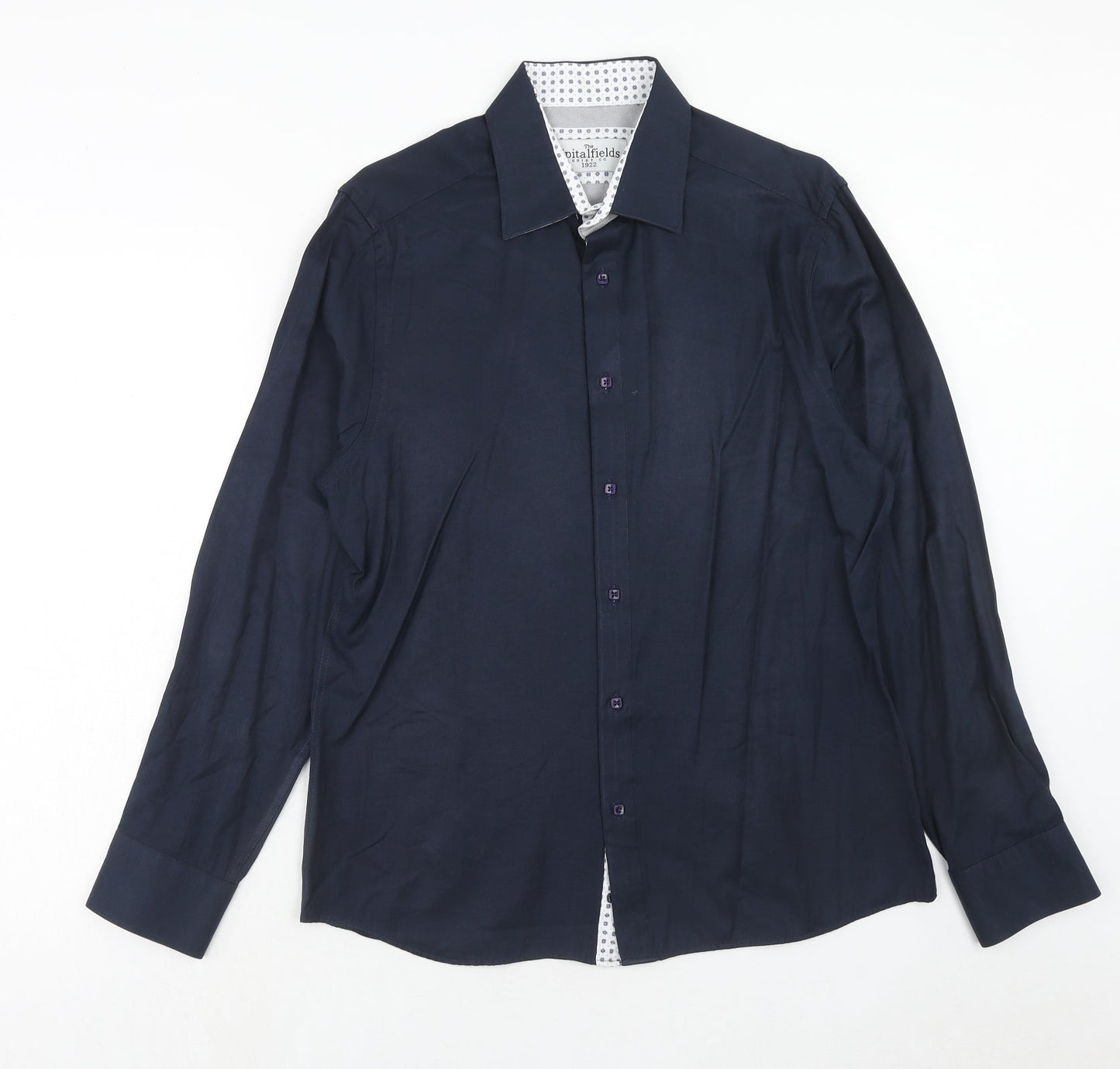 Spitalfields Mens Blue Polyester Button-Up Size 16.5 Collared Button