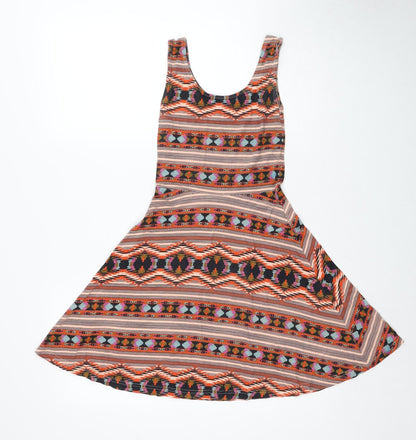 Atmosphere Womens Beige Geometric Viscose Skater Dress Size 8 Round Neck Pullover