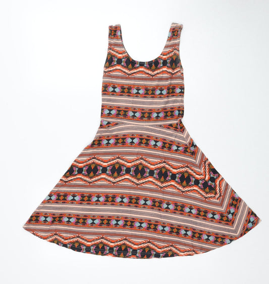 Atmosphere Womens Beige Geometric Viscose Skater Dress Size 8 Round Neck Pullover