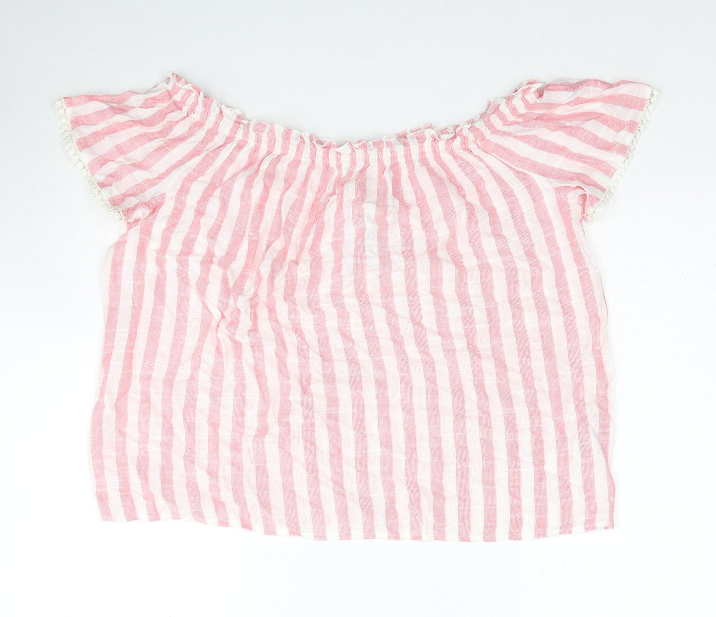 Papaya Womens Pink Striped Viscose Basic Blouse Size 14 Off the Shoulder - Lace Detail on Sleeves