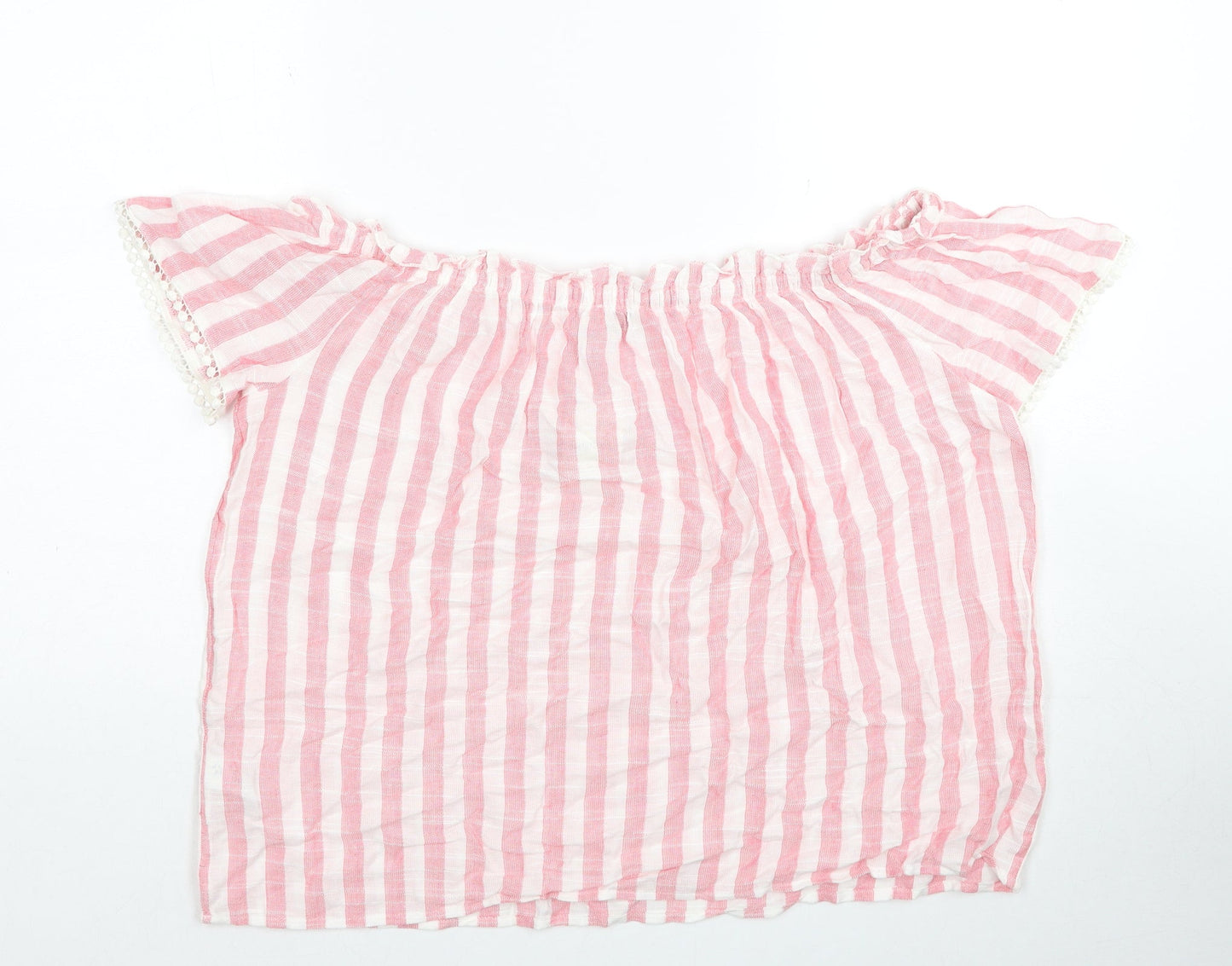 Papaya Womens Pink Striped Viscose Basic Blouse Size 14 Off the Shoulder - Lace Detail on Sleeves