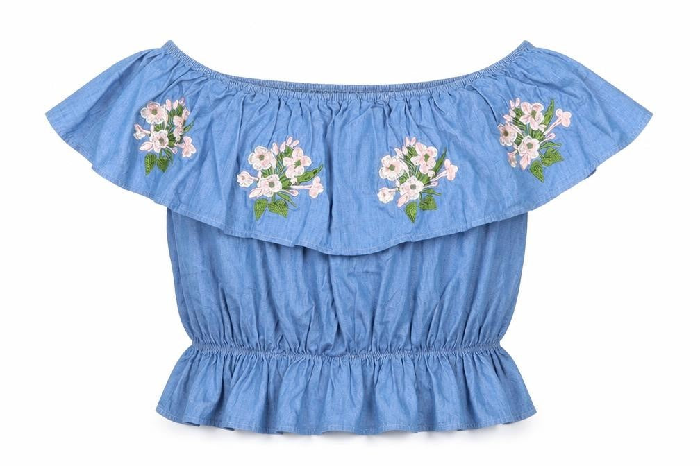 Cameo Rose Womens Blue Cotton Cropped Blouse Size 10 Off the Shoulder - Flower Detail