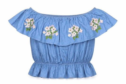 Cameo Rose Womens Blue Cotton Cropped Blouse Size 10 Off the Shoulder - Flower Detail
