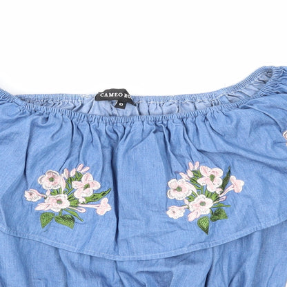 Cameo Rose Womens Blue Cotton Cropped Blouse Size 10 Off the Shoulder - Flower Detail