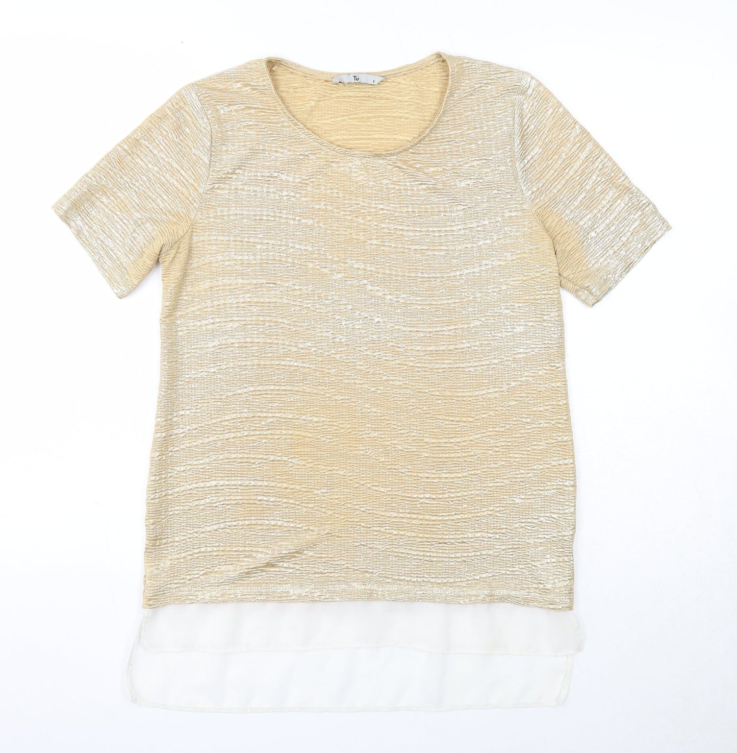 TU Womens Gold Geometric Polyester Basic Blouse Size 8 Round Neck