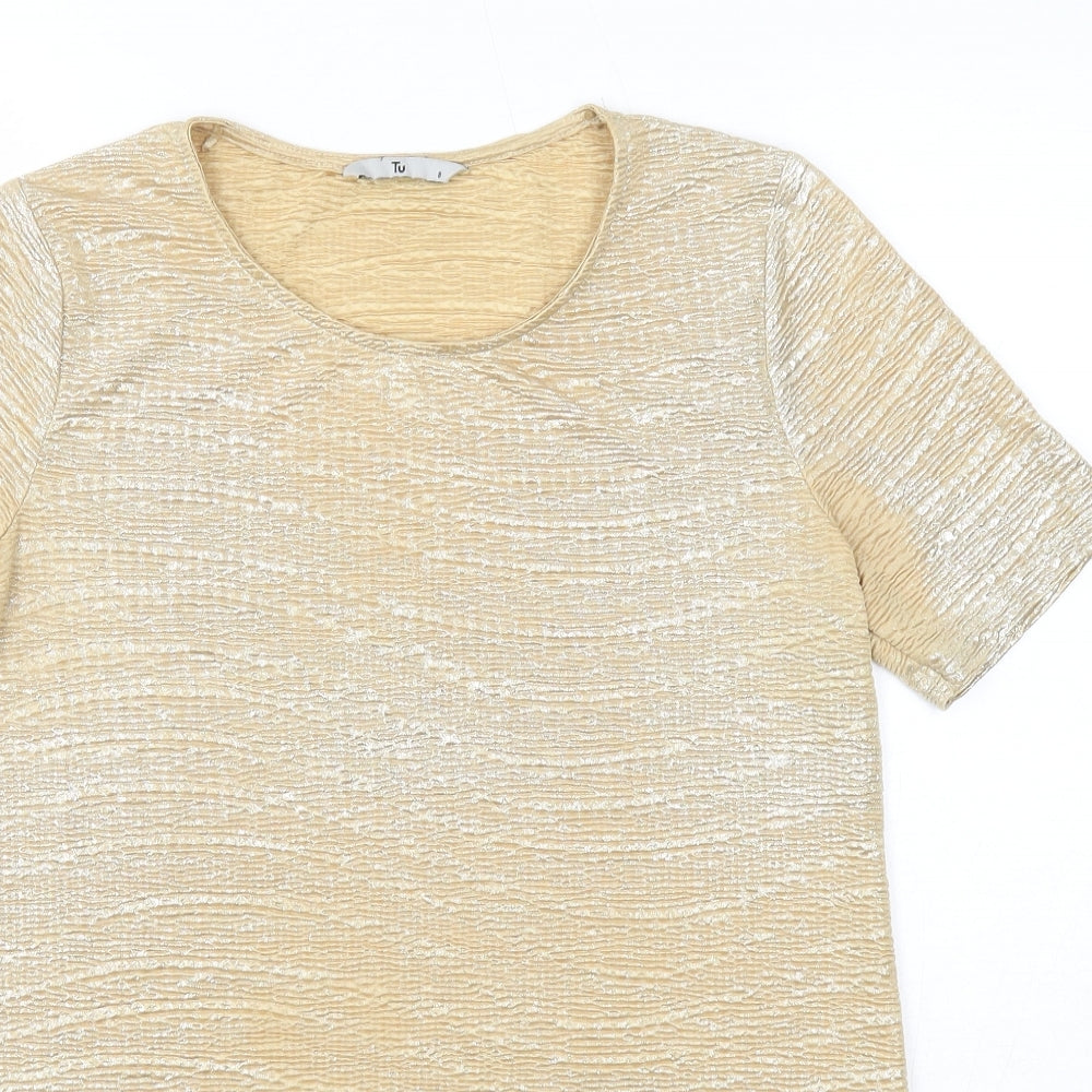TU Womens Gold Geometric Polyester Basic Blouse Size 8 Round Neck