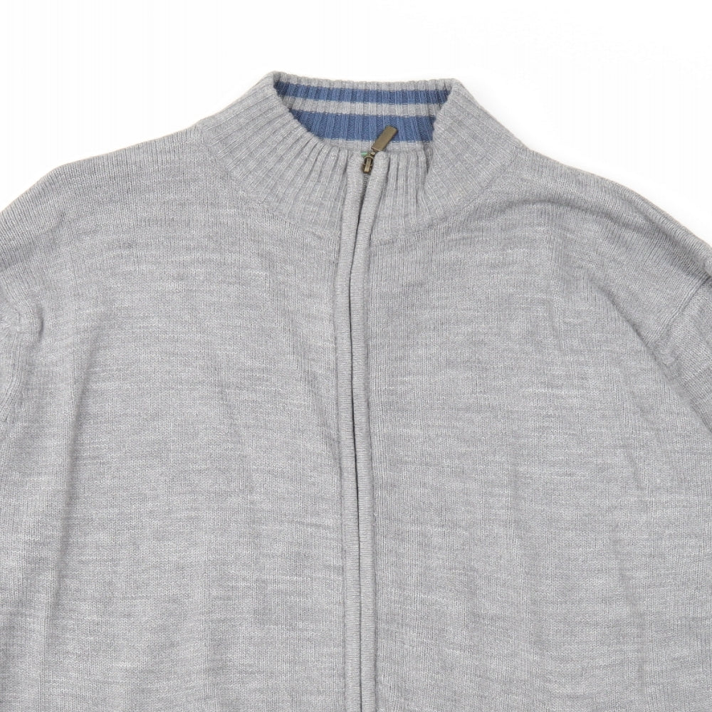 South Bay Mens Grey High Neck Acrylic Full Zip Jumper Size L Long Sleeve