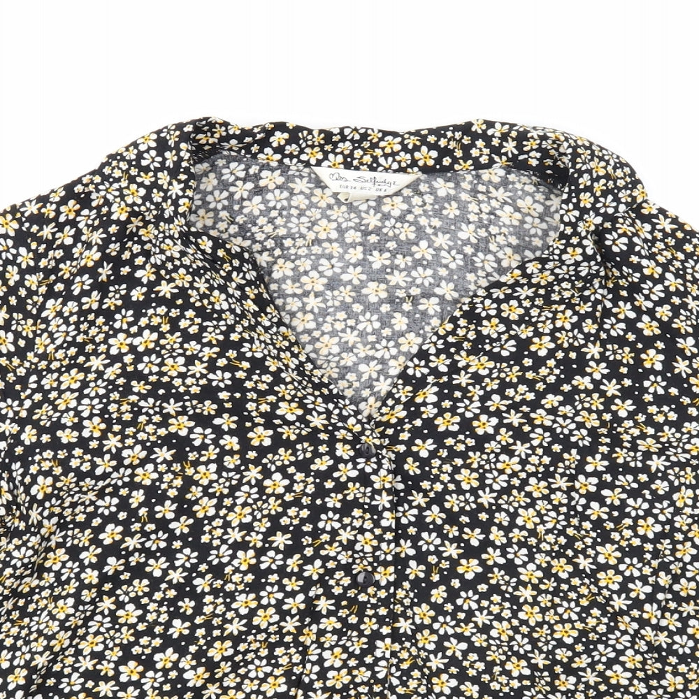 Miss Selfridge Womens Black Floral Viscose Basic Button-Up Size 6 Collared