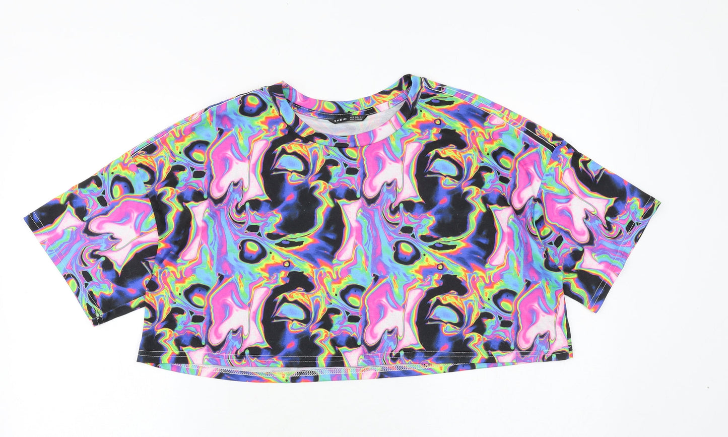 SheIn Womens Multicoloured Geometric Polyester Cropped T-Shirt Size S Round Neck