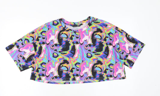 SheIn Womens Multicoloured Geometric Polyester Cropped T-Shirt Size S Round Neck