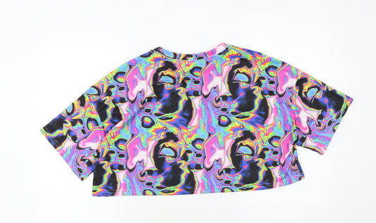 SheIn Womens Multicoloured Geometric Polyester Cropped T-Shirt Size S Round Neck