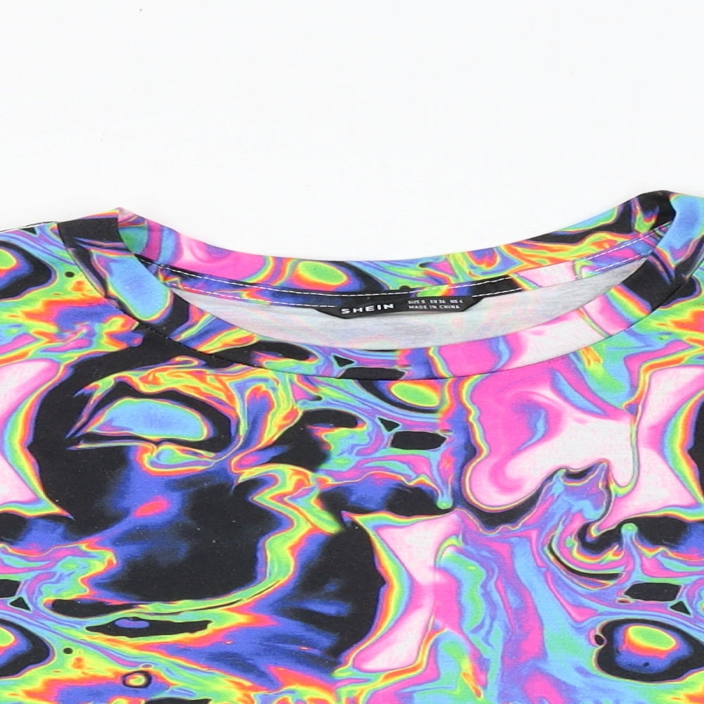 SheIn Womens Multicoloured Geometric Polyester Cropped T-Shirt Size S Round Neck