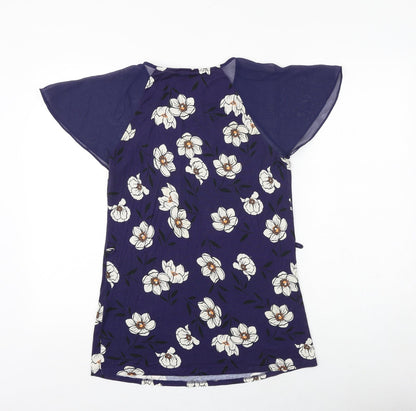 Papaya Womens Blue Floral Viscose Basic Blouse Size 10 Round Neck