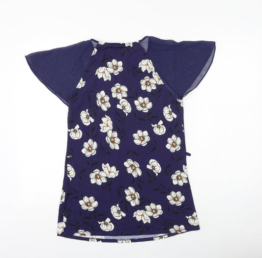 Papaya Womens Blue Floral Viscose Basic Blouse Size 10 Round Neck