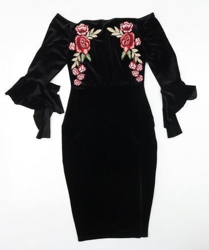 Missguided Womens Black Floral Polyester Bodycon Size 4 Off the Shoulder Pullover