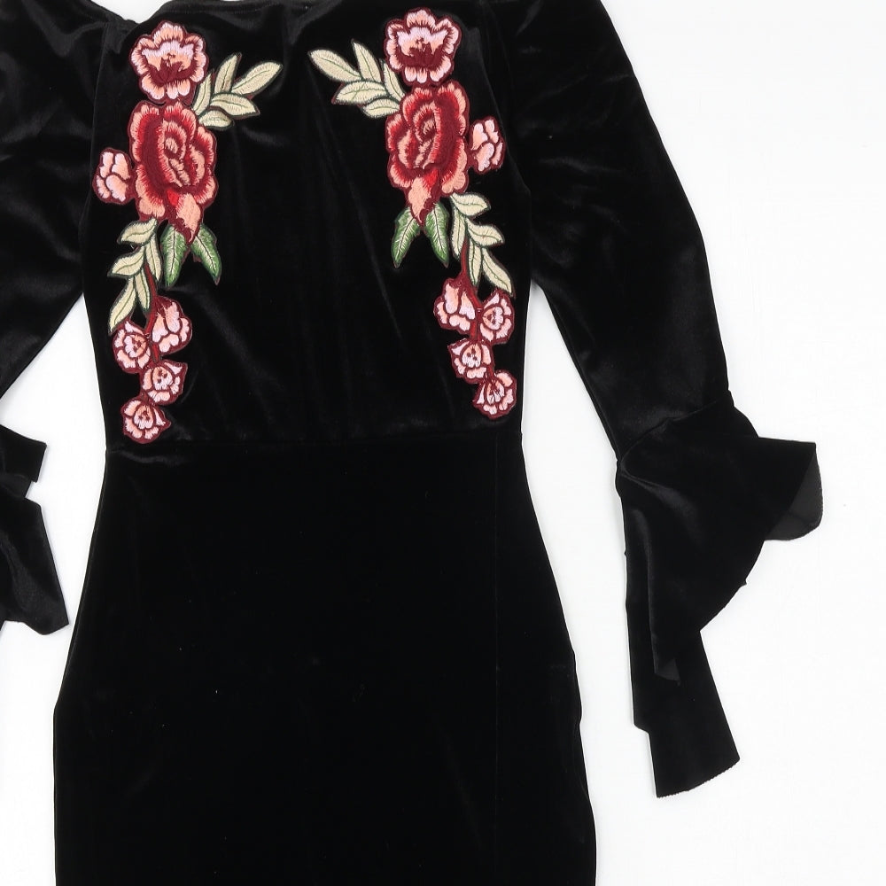 Missguided Womens Black Floral Polyester Bodycon Size 4 Off the Shoulder Pullover