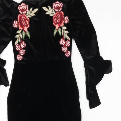 Missguided Womens Black Floral Polyester Bodycon Size 4 Off the Shoulder Pullover