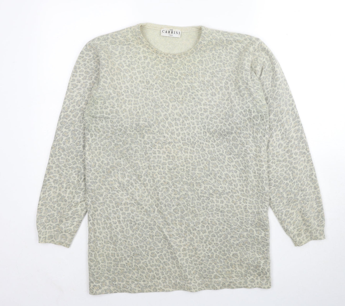 Carrini Womens Beige Round Neck Animal Print Polyester Pullover Jumper Size S - Size S/M Leopard Print