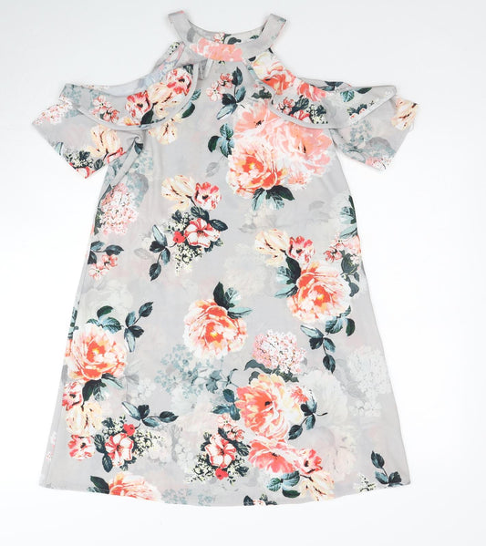 Select Womens Grey Floral Polyester A-Line Size 6 Round Neck Button - Cold Shoulder