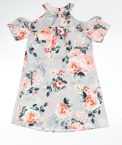 Select Womens Grey Floral Polyester A-Line Size 6 Round Neck Button - Cold Shoulder