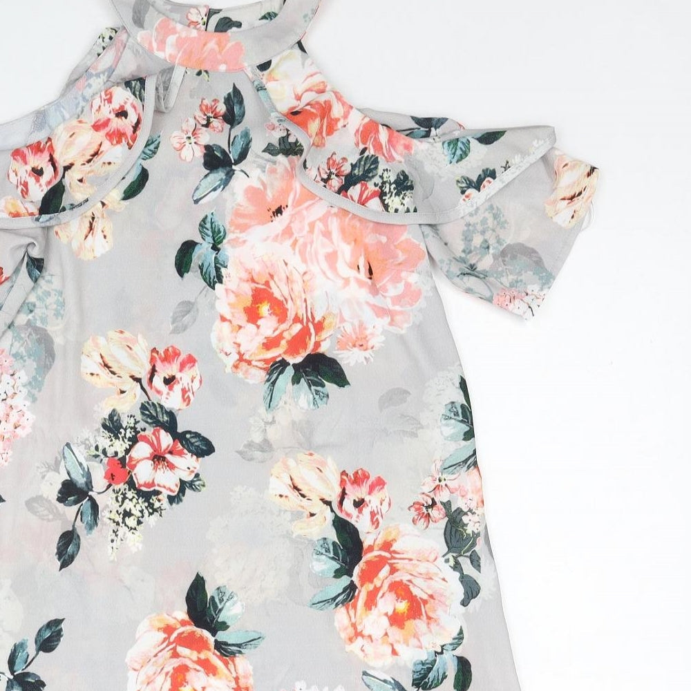 Select Womens Grey Floral Polyester A-Line Size 6 Round Neck Button - Cold Shoulder