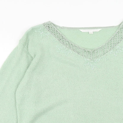 Elizabeth Scott Mens Green V-Neck Acrylic Pullover Jumper Size M Long Sleeve