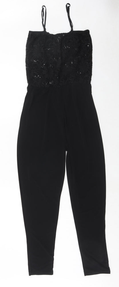 Signature Womens Black Polyester Jumpsuit One-Piece Size S Pullover - Lace Top