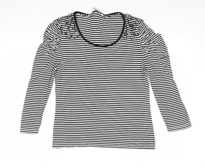 CC Womens Black Striped Viscose Basic T-Shirt Size L Round Neck