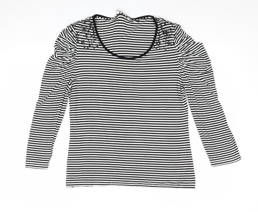 CC Womens Black Striped Viscose Basic T-Shirt Size L Round Neck