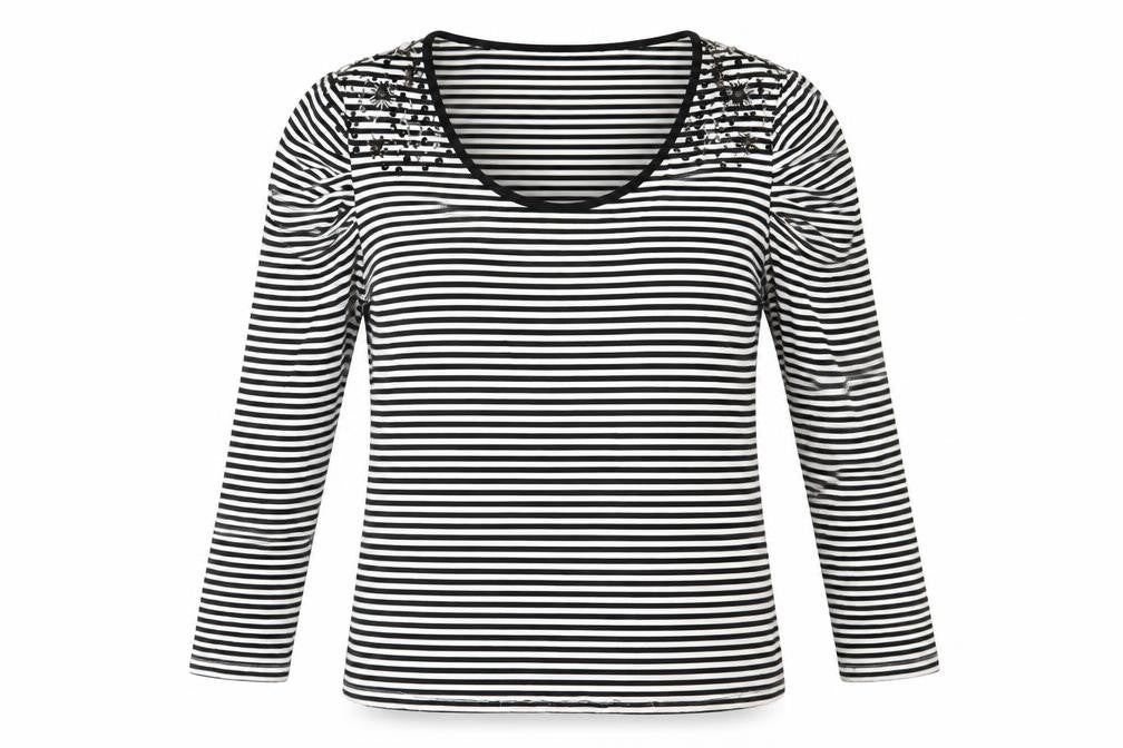 CC Womens Black Striped Viscose Basic T-Shirt Size L Round Neck