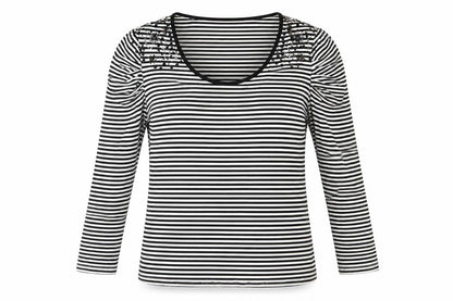 CC Womens Black Striped Viscose Basic T-Shirt Size L Round Neck