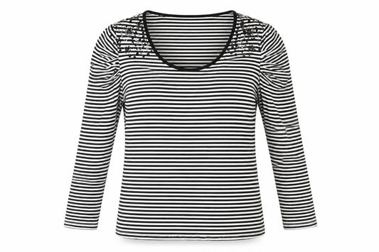 CC Womens Black Striped Viscose Basic T-Shirt Size L Round Neck