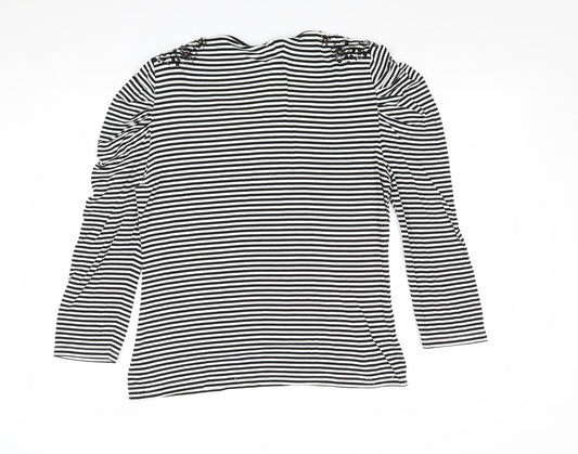 CC Womens Black Striped Viscose Basic T-Shirt Size L Round Neck