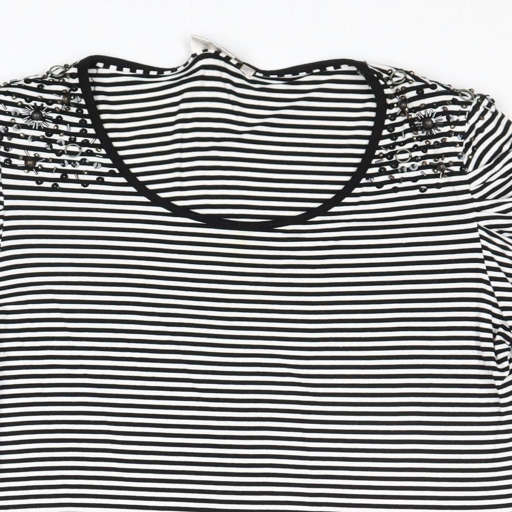 CC Womens Black Striped Viscose Basic T-Shirt Size L Round Neck
